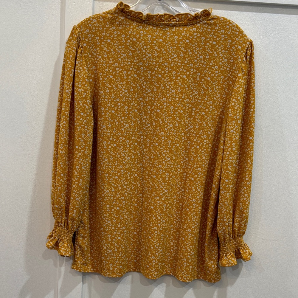 Adrianna Papell Mustard Yellow Floral Ruffle-Trim V-Neck Blouse - Picture 6 of 6
